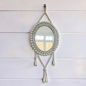 Vintage Wooden Bead Hanging Mirror Beaded Frame and Tassels Boho Hippie Style